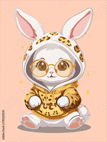 Cute chibi rabbit n the glasses on the pink background
