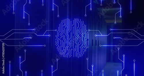 Image of neon brain and network of connections over server room