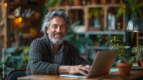Casual Middle-Aged Man Working from Home Office Generative AI photo
