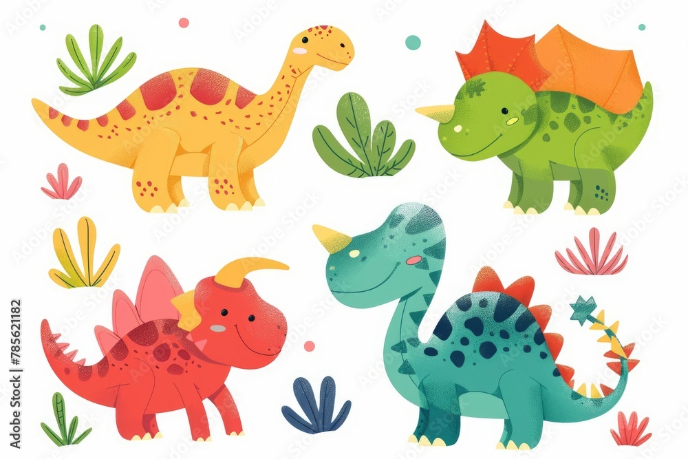 Multiple dinosaur species standing side by side in a group Multiple dinosaur species standing side by side in a group