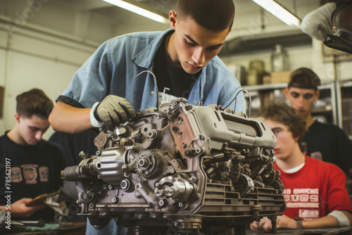 Young boy learns how to fix an engine. Student apprentice learns the trade. Working and learning concept. Mechanic school workshop lesson. Man work on car parts and learn how to repair engines