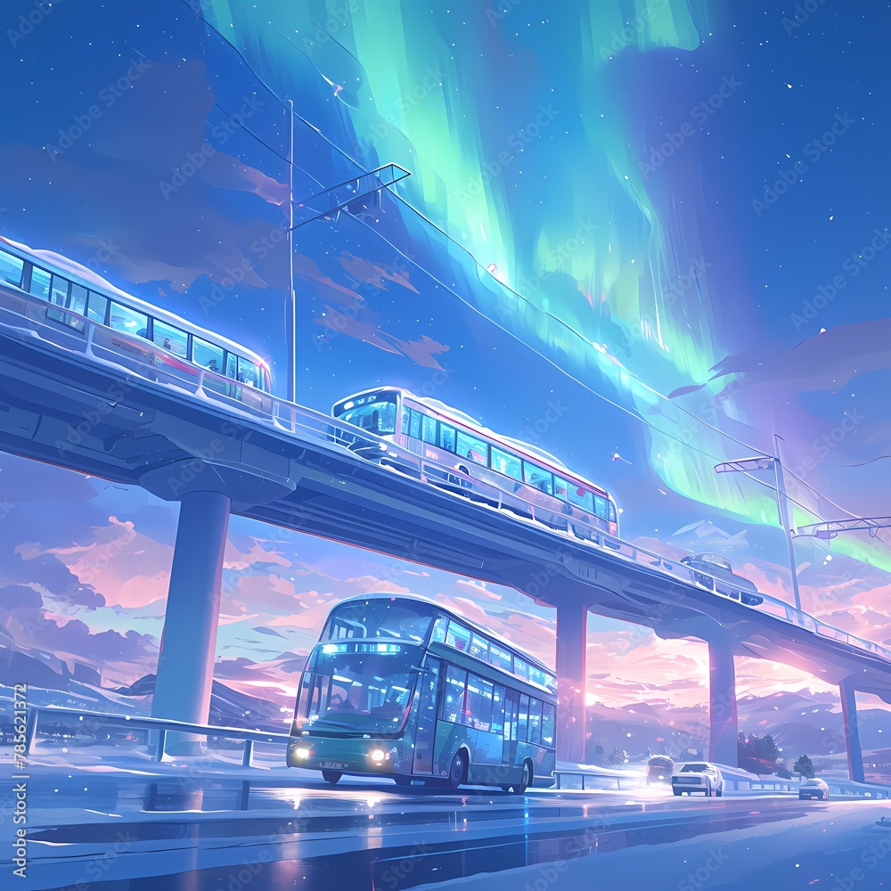 A captivating urban scene set against a vibrant Aurora Borealis sky, featuring modern trains on elevated tracks above bustling city streets.
