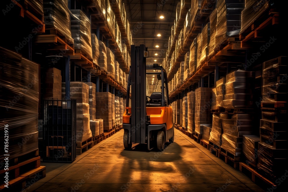 Forklift in warehouse. Industrial background