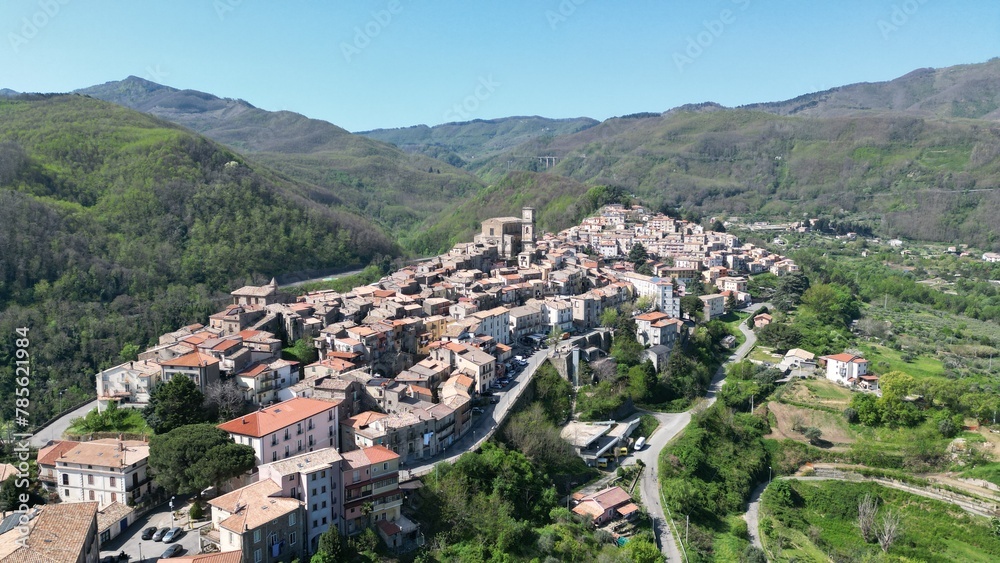 Aerial view of the medieval hill town of San Fili with its skyline. Province of Cosenza, Calabria, Italy.