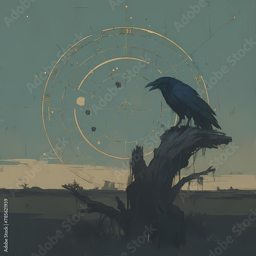 Fantasy Scene with Dark Owl on Weathered Branch and Star Chart in the Background