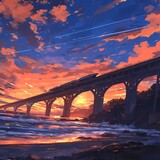 Exquisite Seascape with Sunlit Hyperloop Train Crossing a Long Bridge