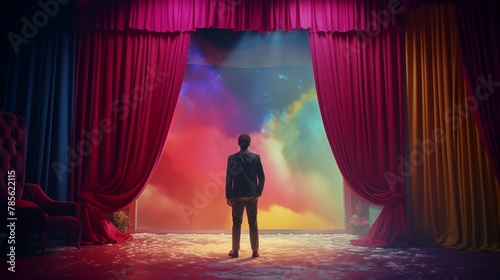 Man pulling the curtain up to a new colorful world.