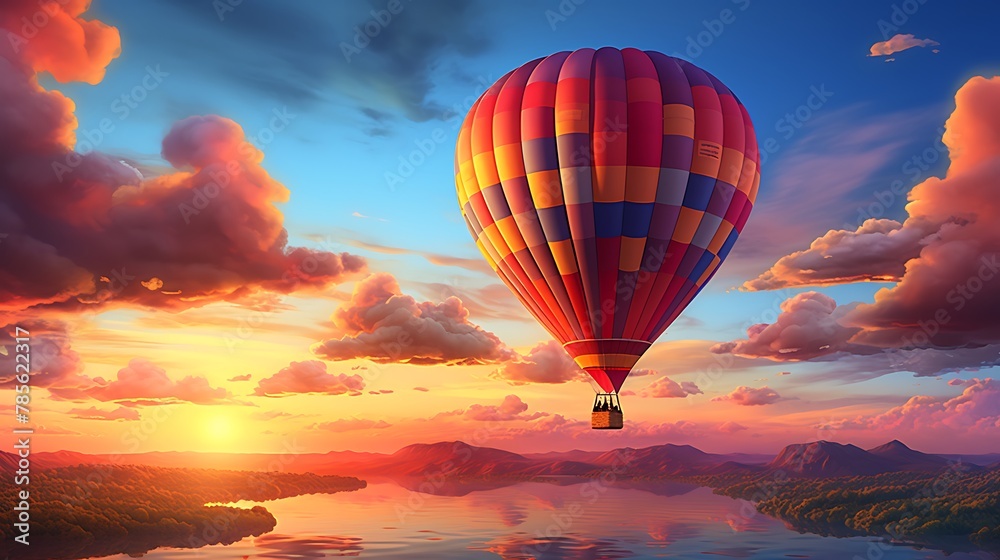 Hot air balloon over the lake at sunset Hot air balloon over the lake at sunset