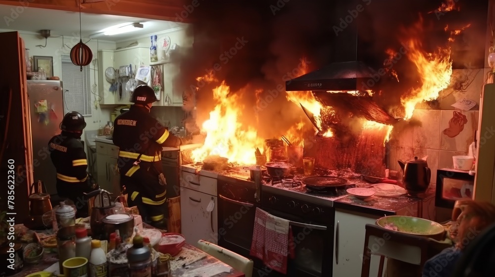 Two Firefighters Extinguishing Kitchen Fire