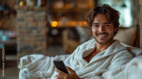 Relaxed Morning Routine: Man in Bathrobe with Smartphone Generative AI