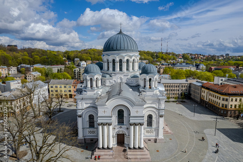 Aerial spring view of Church of St. Michael the Archangel in Kaunas, Laisves Avenue, Lithuania