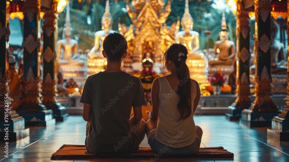Contemplative Young Couple Praying in Ornate Temple