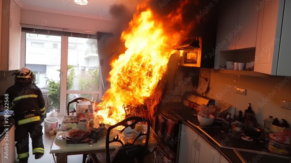 Firefighter Confronting Flames in Kitchen