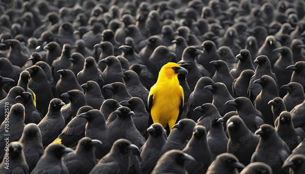 Fototapeta premium Close shot of a vibrant yellow bird is conspicuously distinct among a large flock of black birds. 