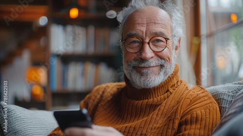 Cheerful Mature Man Using Smartphone at Home Generative AI