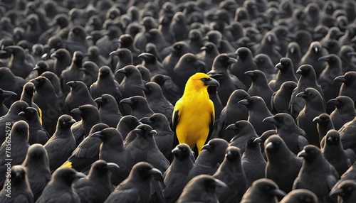 Close shot of a vibrant yellow bird is conspicuously distinct among a large flock of black birds.
 photo