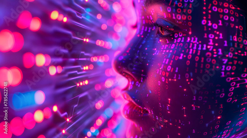 Abstract concept of digital beautiful human face on background of printed circuit board. Fusion of man and modern artificial intelligence technologies. In blue tones, LED backlight, binary code.