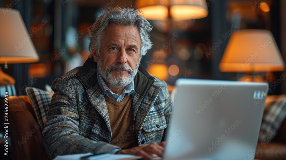 Multitasking Businessman Working on Devices in Hotel Suite Generative AI Multitasking Businessman Working on Devices in Hotel Suite Generative AI