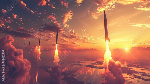 Missiles pierce the sky at sunset, showcasing the might of military defense systems.