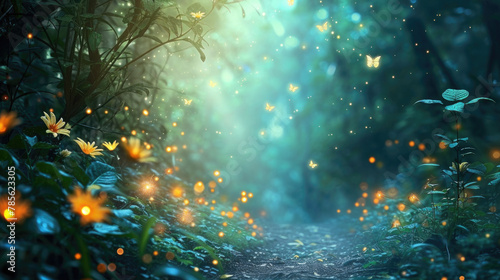Fairy tale forest with glowing flowers, magical woods with lights, fantasy world background. Concept of path, nature, wonderland, #785623305