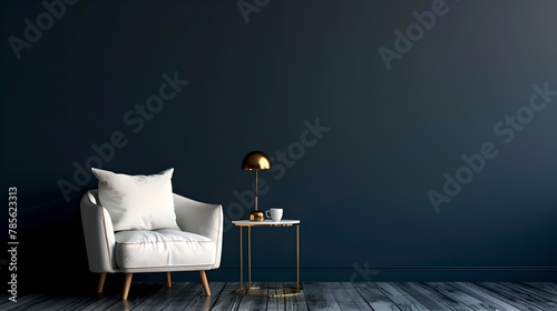 Elegant minimalistic interior design, cozy white armchair. Modern home decor with dark blue wall and stylish lamp. Interior inspiration and relaxation space concept. AI