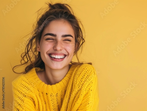 Portrait of happy young woman smiling at camera isolated on bright yellow background