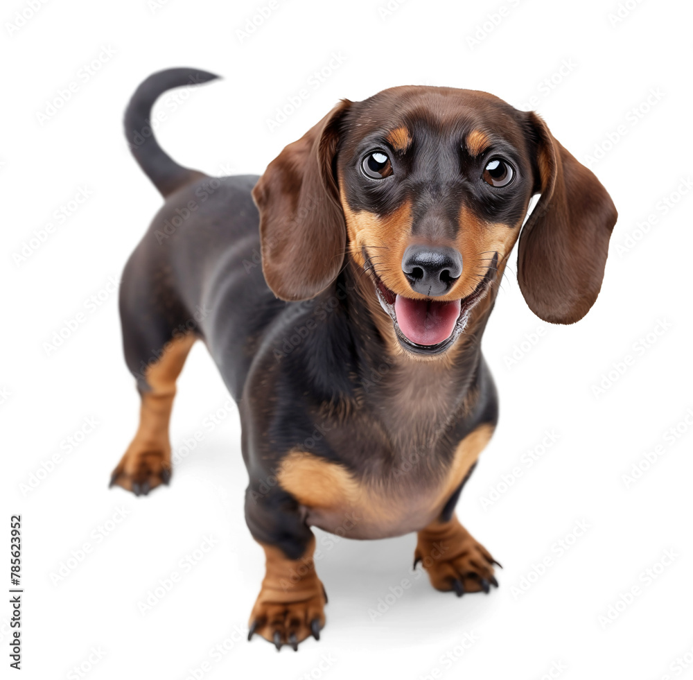 Wide angle view of a dachshund dog looking happy on isolated background