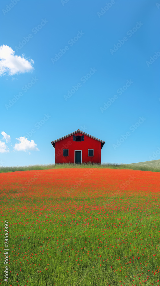 Rotes Haus auf grünem Hügel, Italien Rotes Haus auf grünem Hügel, Italien