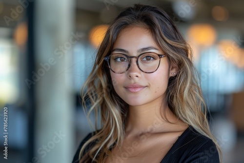 A woman with glasses is wearing a black top