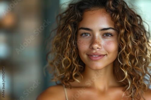 Detailed close up view of a woman showcasing her curly hair