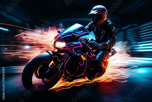 Motorcyclist riding on a motorcycle on a dark smoky neon lights background © MahmudulHassan