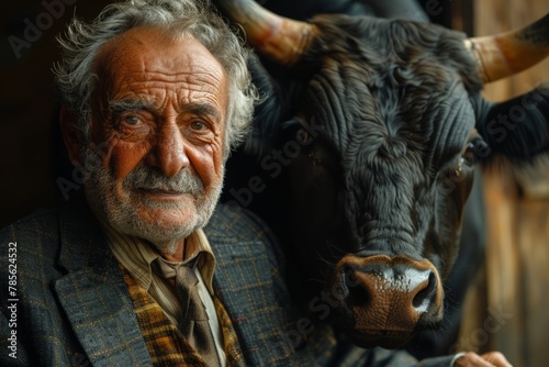 An elderly man with a long beard stands next to a docile cow in a rural setting photo