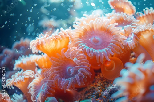Detailed view of an orange and white sea anemone underwater