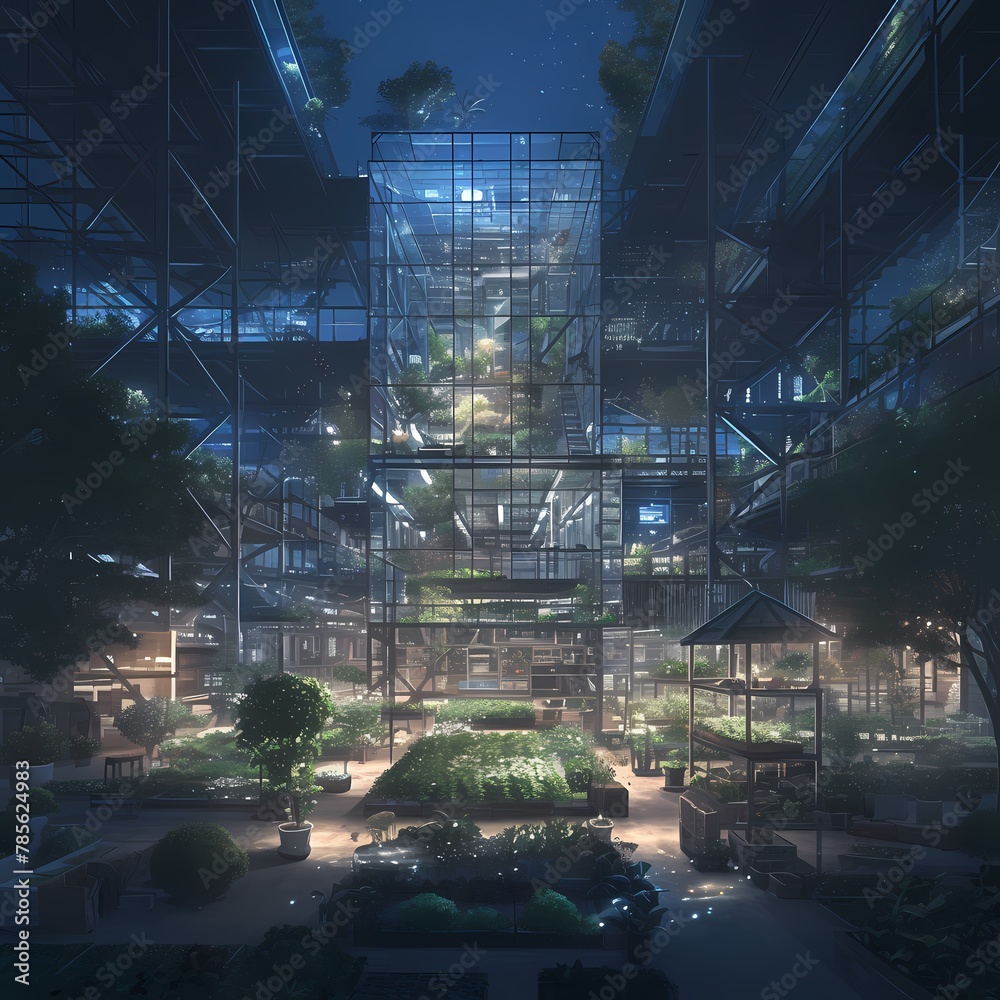 Luminous Urban Garden at Dusk, Featuring Sustainable Architecture and Bioluminescent Plants
