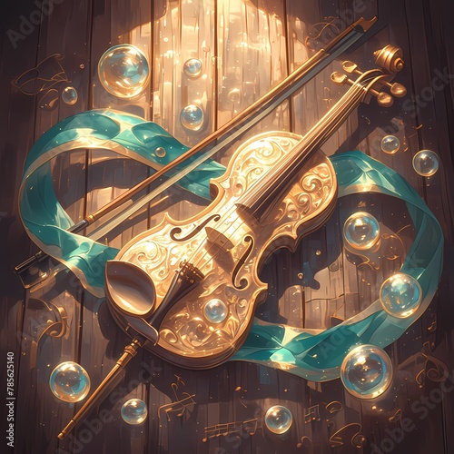 A dreamy orchestral symphony set against a backdrop of iridescent bubbles and mystical musical notes. This enchanting scene captures the essence of harmony and melody. photo