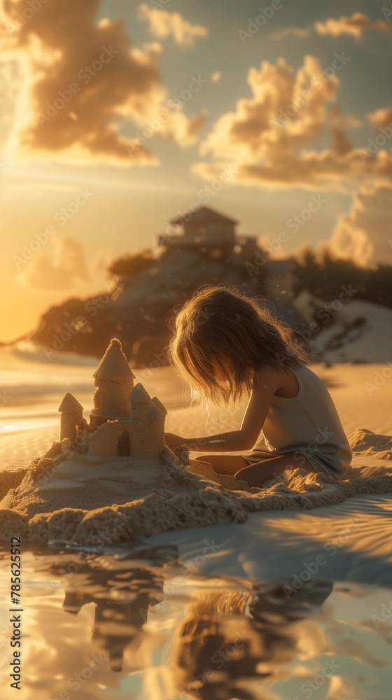 custom made wallpaper toronto digitalGirl building sand castle on sunny beach day. Joyful children create sandcastles by ocean. Girl playing on beach.