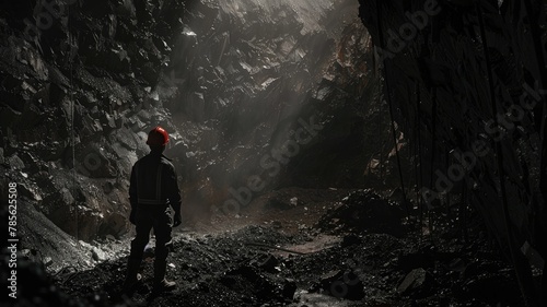 Solitary miner observing a vast, shadowy mine cavern - An isolated figure of a miner is silhouetted against an immense, shadow-filled mine, evoking a sense of exploration and solitude