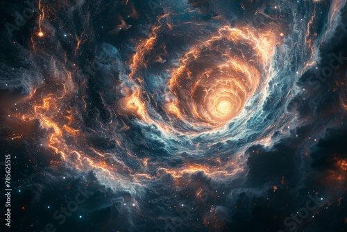 A spiral galaxy with swirling arms and bright stars, floating in the vastness of space