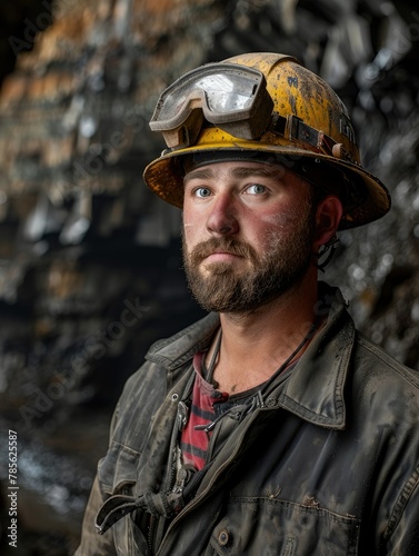 Rugged miner with yellow helmet portrait - Close-up of a rugged miner with a yellow protective helmet and light in a mining environment