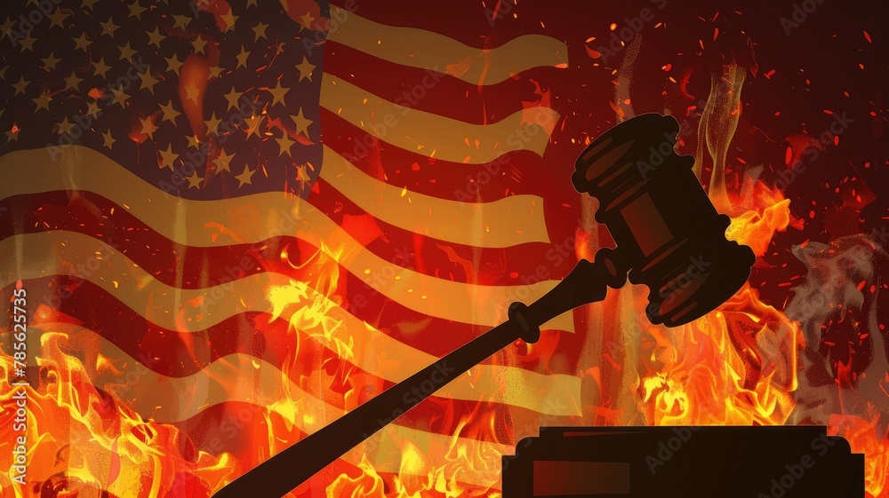 Burning American flag and gavel concept - A symbolic representation of a gavel before a burning American flag suggests justice in peril amidst turmoil