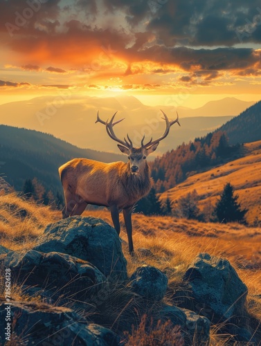 Stag surveying the land during a vibrant sunset - An impressive stag stands confidently among the rocks, casting a silhouette in the vibrant sunset over mountainous terrain