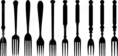 Cutlery icon, set of different style forks. restaurant business concept, multiple shape and style forks on white background. Civilized eating symbol.