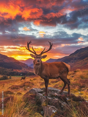 Majestic stag in fiery sunset highland landscape - The image showcases a grand stag with impressive antlers standing atop a rocky terrain against a dramatic sunset sky © Mickey