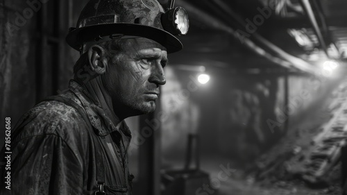 Black and white image of a miner in a mine shaft - Monochrome portrayal of a miner, with obscured features, in the depths of a mine, highlighting the gritty texture and tough environment