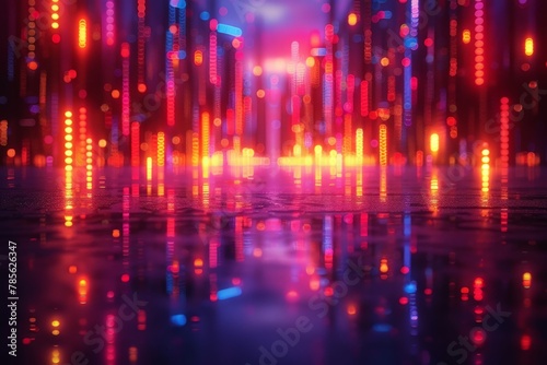 A bustling futuristic city with neon lights and reflections creating a vibrant and dynamic atmosphere