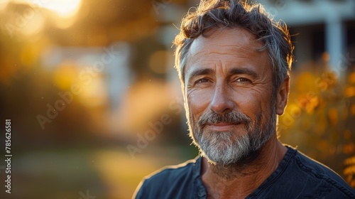 Confident Middle-Aged Man Smiling in Windy Outdoor Portrait Generative AI