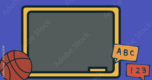Image of black board with copy space over basketball and purple background