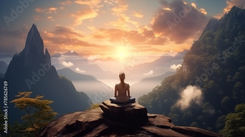 Serenity and yoga practicing,meditation at mountain range. © hamad