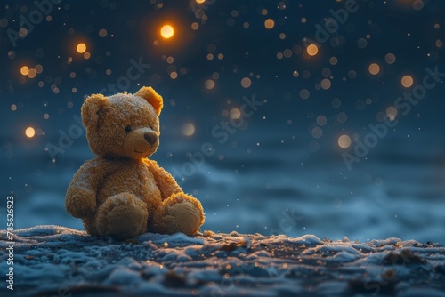 A brown teddy bear sits atop a ground covered with snow, blending in with the wintry surroundings