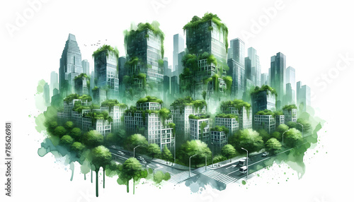 Vibrant Urban Green Watercolor Landscapes Celebrating Earth s Adaptability  Perfect for Earth Day Greeting Cards and Wallpaper